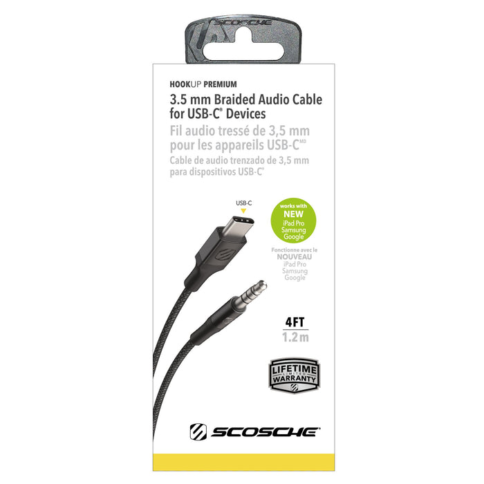Scosche Braided USB C to 3.5mm Aux Cable 4ft Gray