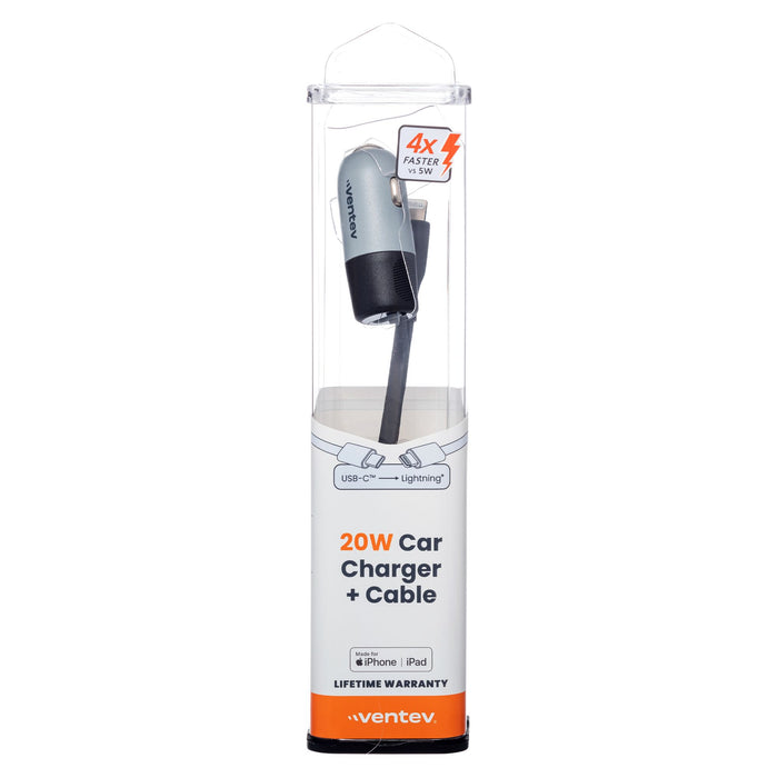 Ventev 20W ULTRAFAST USB-C Universal Car Charger and USB-C to Apple Lightning Cable Gray