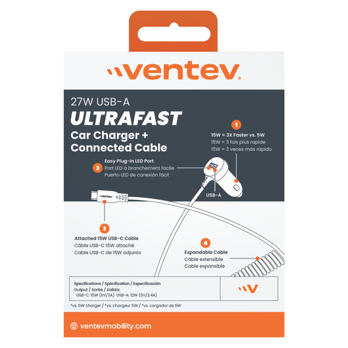 Ventev 27W ULTRAFAST Dual Car Charger with USB-C Travel Cable -