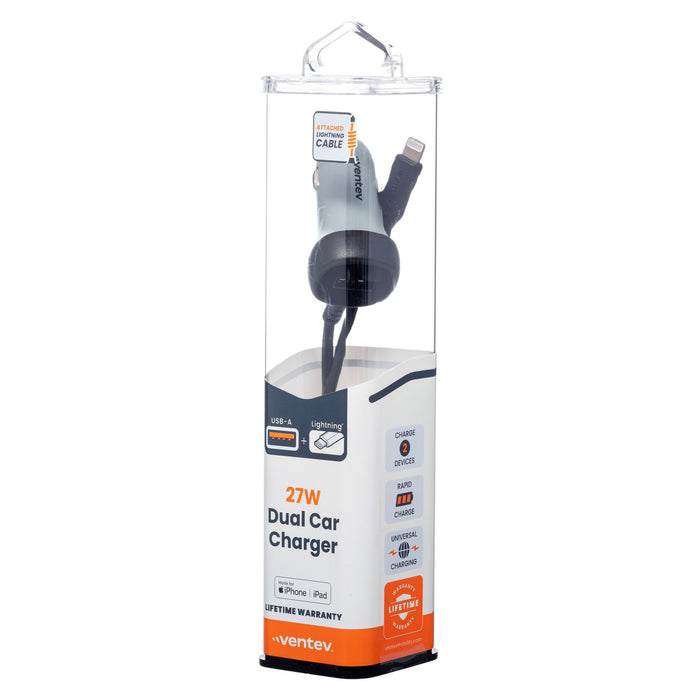 Ventev 27W ULTRAFAST Dual Car Charger with Apple Lightning Travel Cable