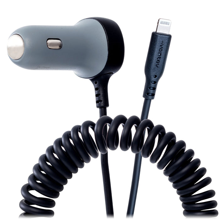 Ventev 27W ULTRAFAST Dual Car Charger with Apple Lightning Connected Travel Cable Gray