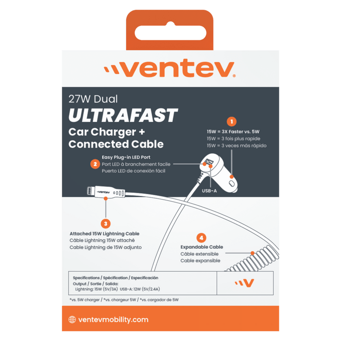 Ventev 27W ULTRAFAST Car Charger and Apple Lighting Connected Cable