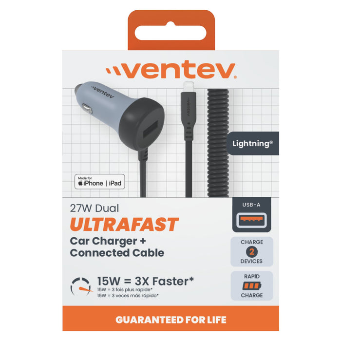 Ventev 27W ULTRAFAST Dual Car Charger with Apple Lightning Connected Travel Cable Gray