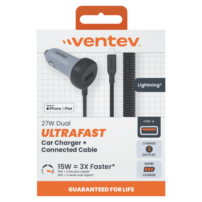 Ventev 27W ULTRAFAST Car Charger and Apple Lighting Connected Cable