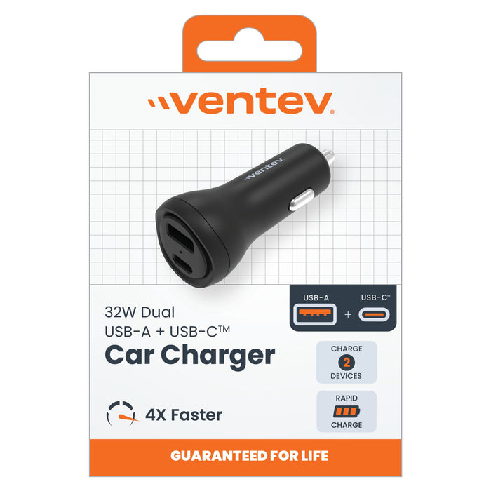 Ventev 32W ULTRAFAST USB-C and USB-A Universal Dual Car Charger Black
