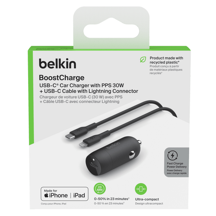 Belkin 30W PD Car Charger with PPS and USB C to USB C Cable 1m