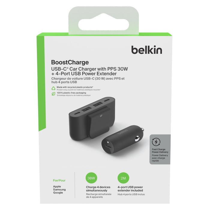 Belkin BoostCharge USB-C Car Charger with PPS 30W and 4 Port USB Power Extender Black