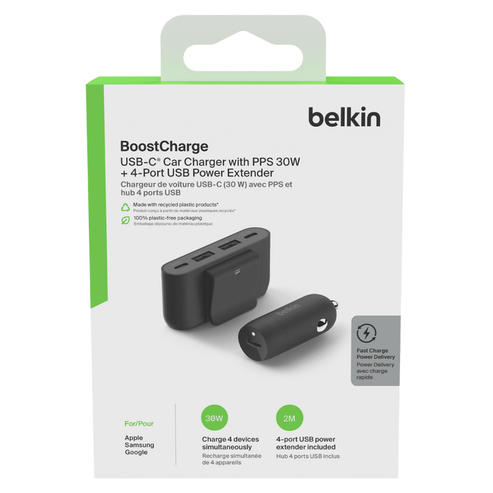 Belkin 30W PD Car Charger with 4 Port Power Extender 2m