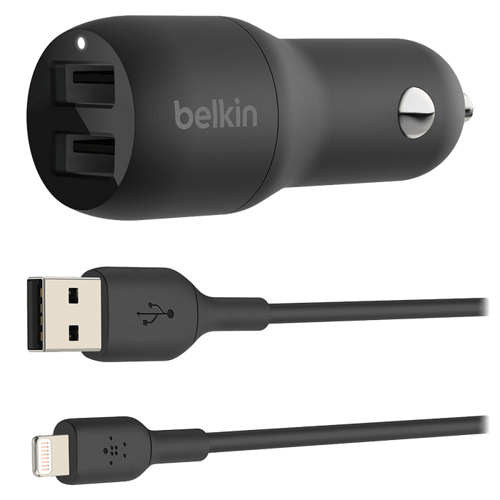 Belkin Boost Up Charge Dual Port USB A Car Charger 24W with Apple Lightning Cable 3ft Black
