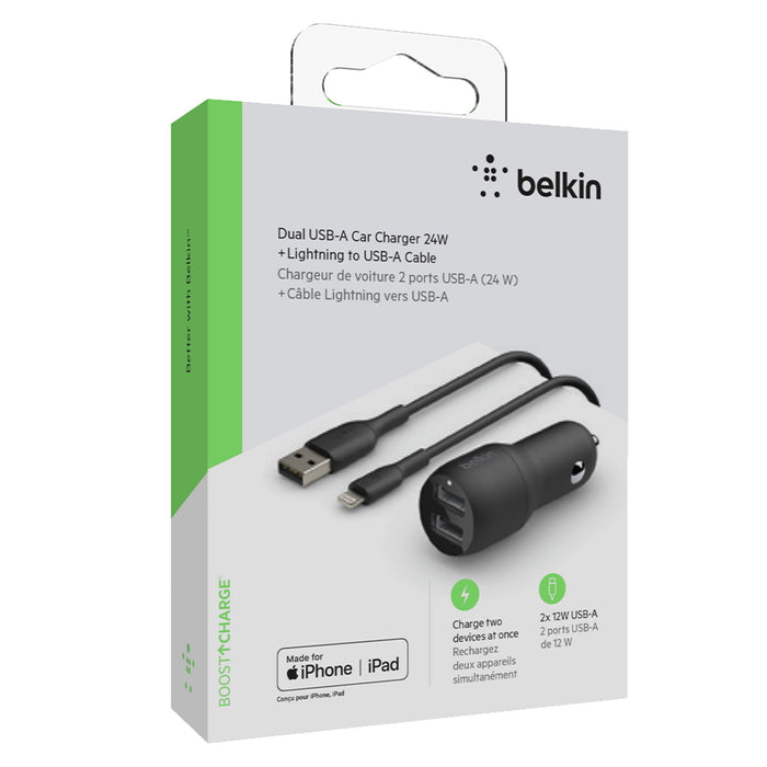 Belkin Boost Up Charge Dual Port USB A Car Charger 24W with Apple Lightning Cable 3ft Black