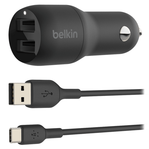 Belkin Dual Port USB A Car Charger 24W with USB A to USB C Cable 3ft