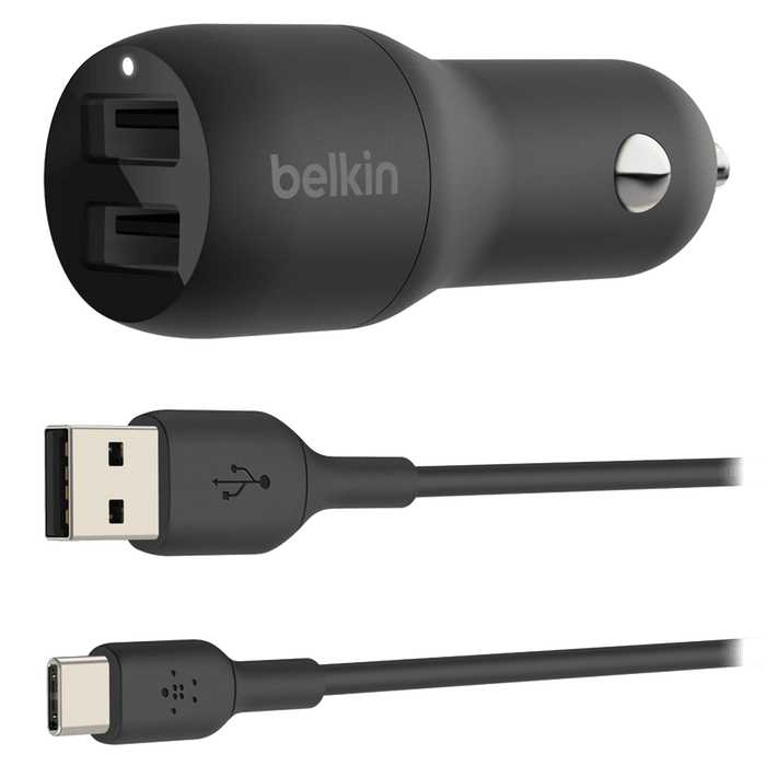 Belkin Dual Port USB A Car Charger 24W with USB A to USB C Cable 3ft