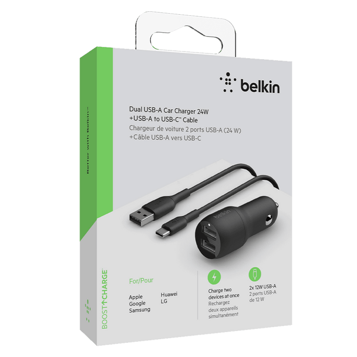 Belkin Dual Port USB A Car Charger 24W with USB A to USB C Cable 3ft Black
