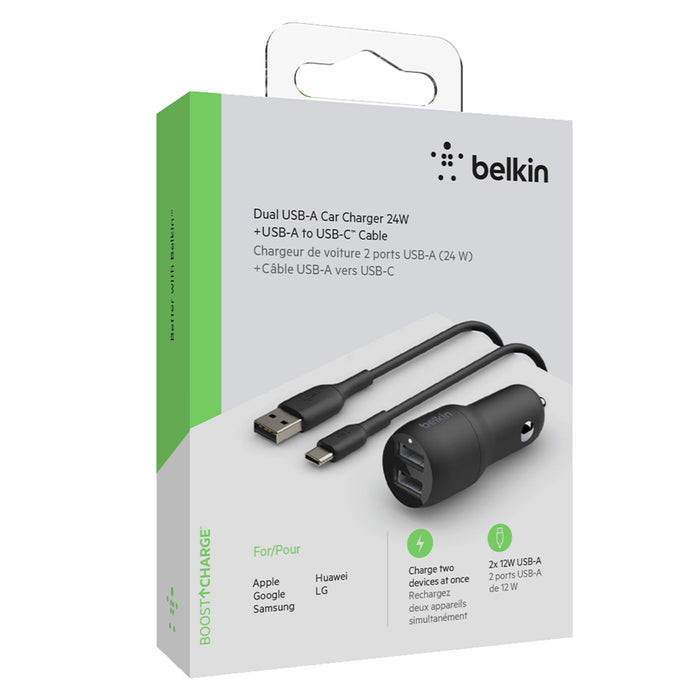 Belkin Dual Port USB A Car Charger 24W with USB A to USB C Cable 3ft Black