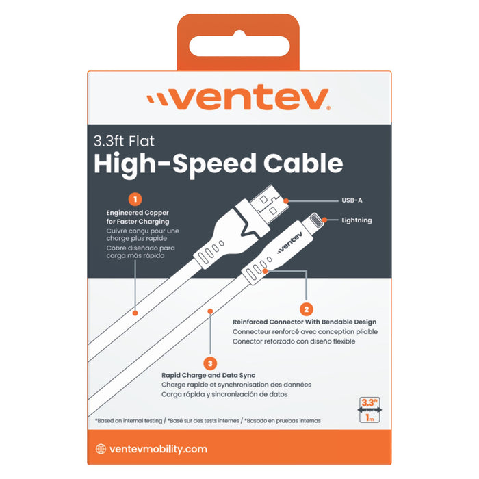 Ventev Flat USB-A to Apple Lightning High Speed Tangle-Free 3 Foot Cable