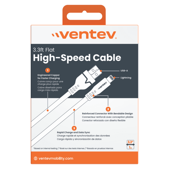 Ventev Flat USB-A to Apple Lightning High Speed Tangle-Free 3 Foot Cable
