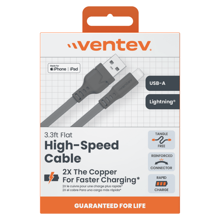 Ventev Flat USB-A to Apple Lightning High Speed Tangle-Free 3 Foot Cable