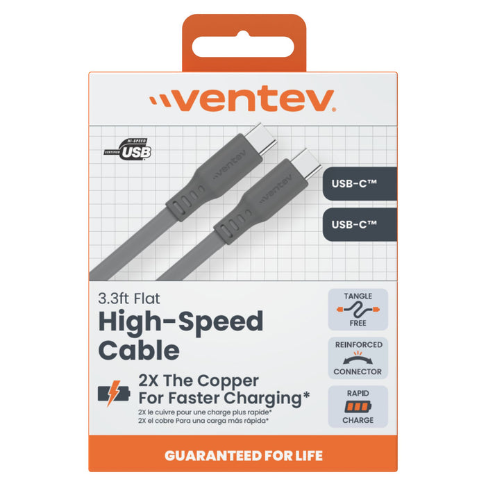 Ventev Flat USB-C to USB-C High Speed Tangle-Free 3 Foot Cable