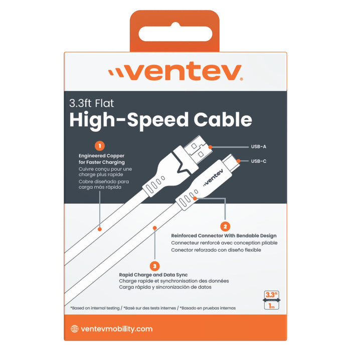 Ventev Flat USB-A to USB-C High Speed Tangle-Free 3 Foot Cable