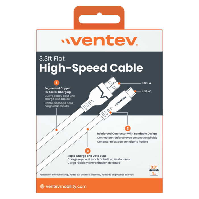 Ventev Flat USB A to USB C High Speed Tangle-Free Cable