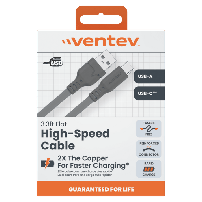 Ventev Flat USB A to USB C High Speed Tangle-Free Cable