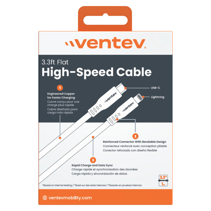 Ventev Flat USB-C to Apple Lightning High Speed Tangle-Free 3 Foot Cable