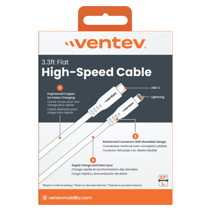 Ventev Flat USB C to Apple Lightning High Speed Tangle-Free 3 Foot Cable