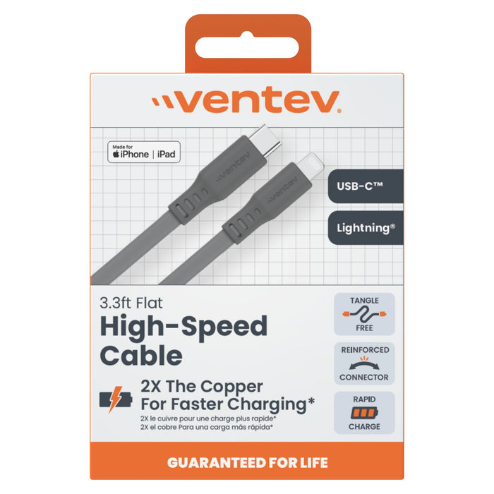 Ventev Flat USB-C to Apple Lightning High Speed Tangle-Free 3 Foot Cable