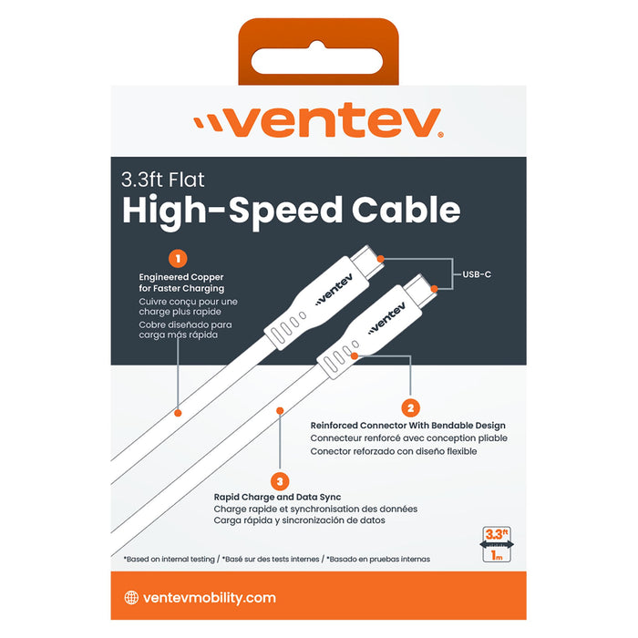 Ventev Flat USB-C to USB-C High Speed Tangle-Free 3 Foot Cable
