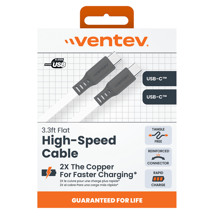 Ventev Flat USB C to USB C High Speed Tangle-Free 3 Foot Cable
