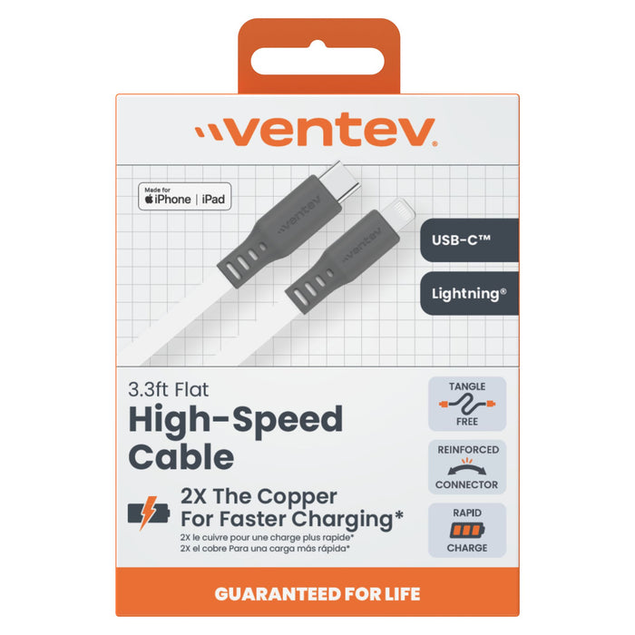 Ventev Flat USB-C to Apple Lightning High Speed Tangle-Free 3 Foot Cable