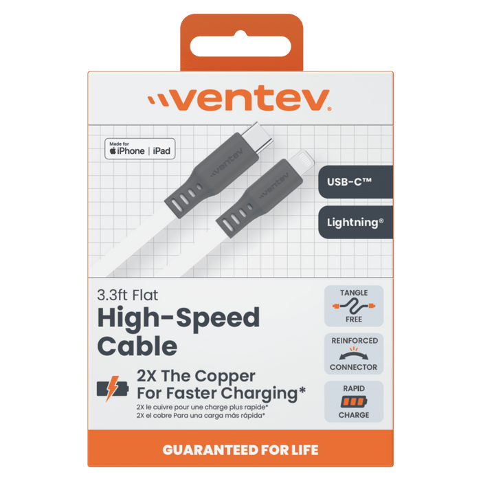 Ventev Flat USB C to Apple Lightning High Speed Tangle-Free 3 Foot Cable