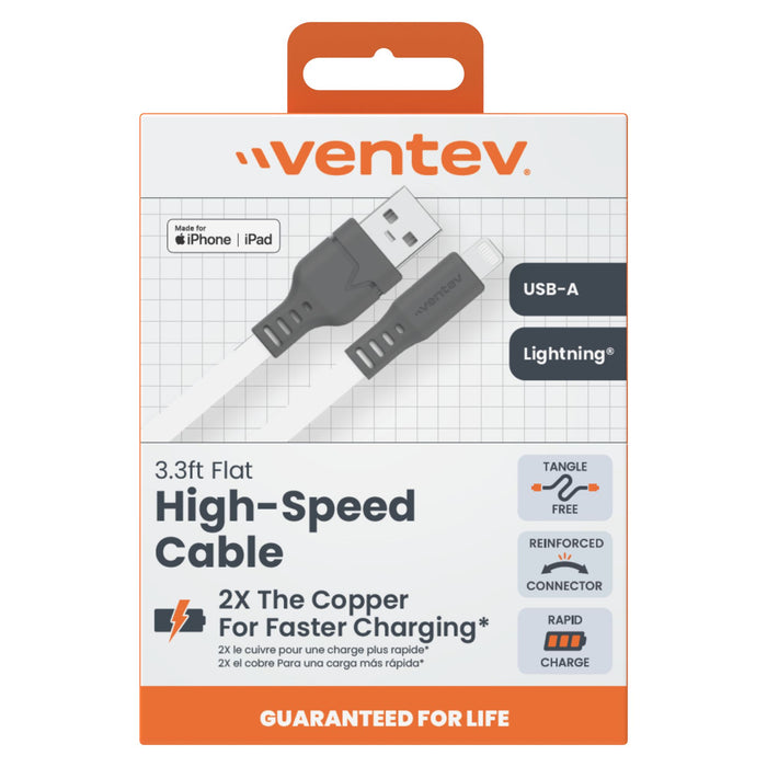 Ventev Flat USB-A to Apple Lightning High Speed Tangle-Free 3 Foot Cable