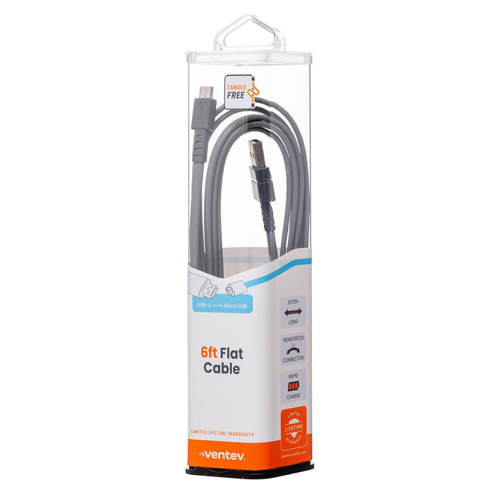 Ventev Flat USB-A to Micro-USB High Speed Tangle-Free 6 Foot Cable Gray