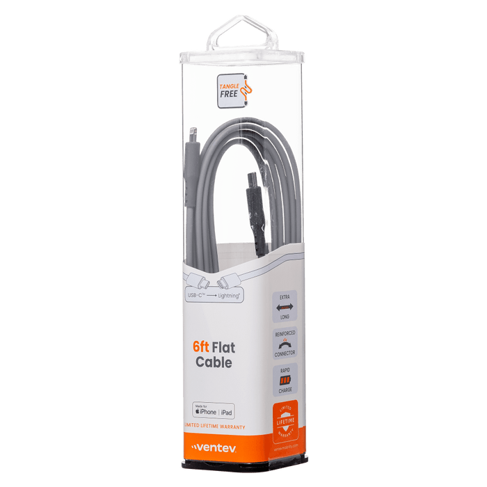 Ventev Flat USB-C to Apple Lightning High Speed Tangle-Free 6 Foot Cable