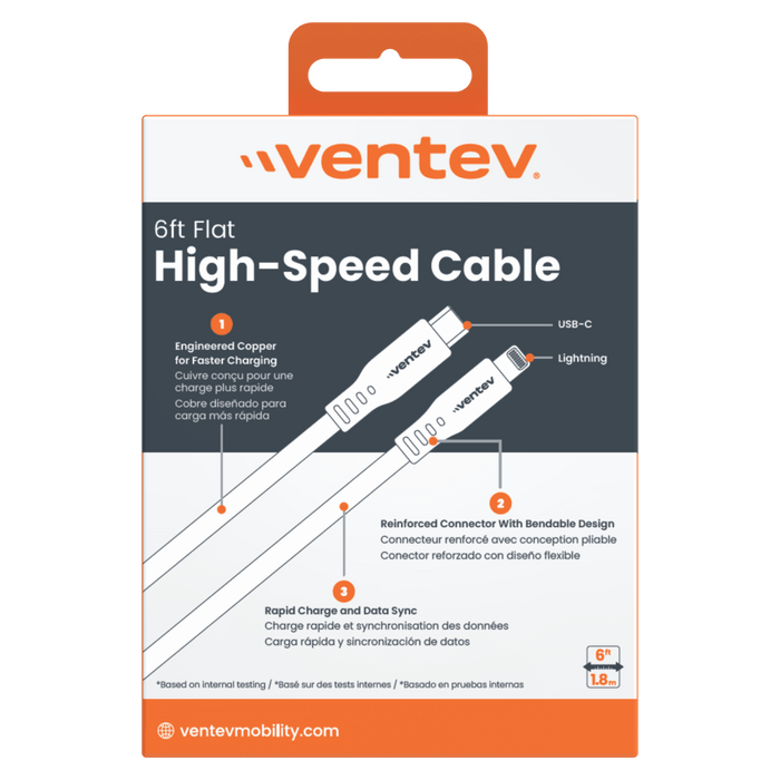 Ventev Flat USB C to Apple Lightning High Speed Tangle-Free 6 Foot Cable