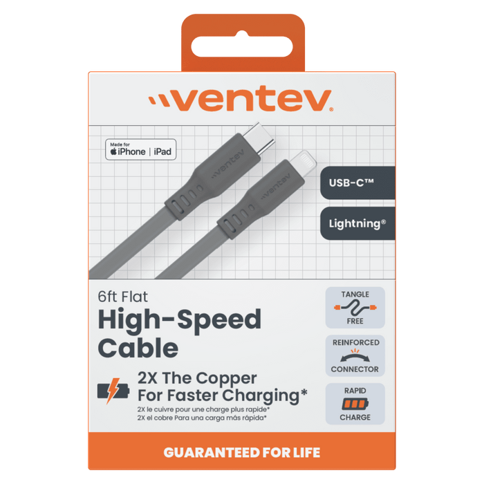 Ventev Flat USB C to Apple Lightning High Speed Tangle-Free 6 Foot Cable