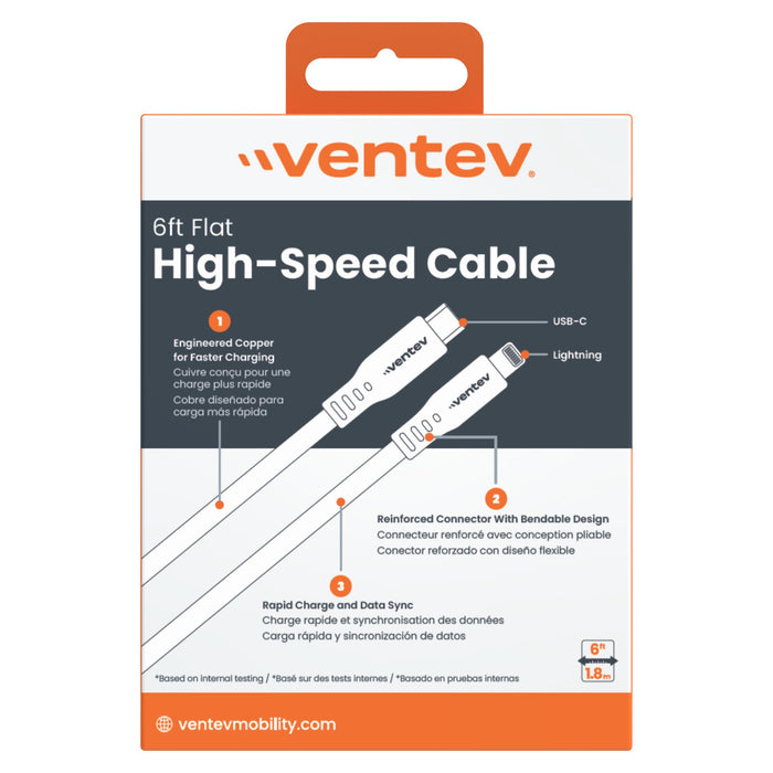 Ventev Flat USB-C to Apple Lightning High Speed Tangle-Free 6 Foot Cable