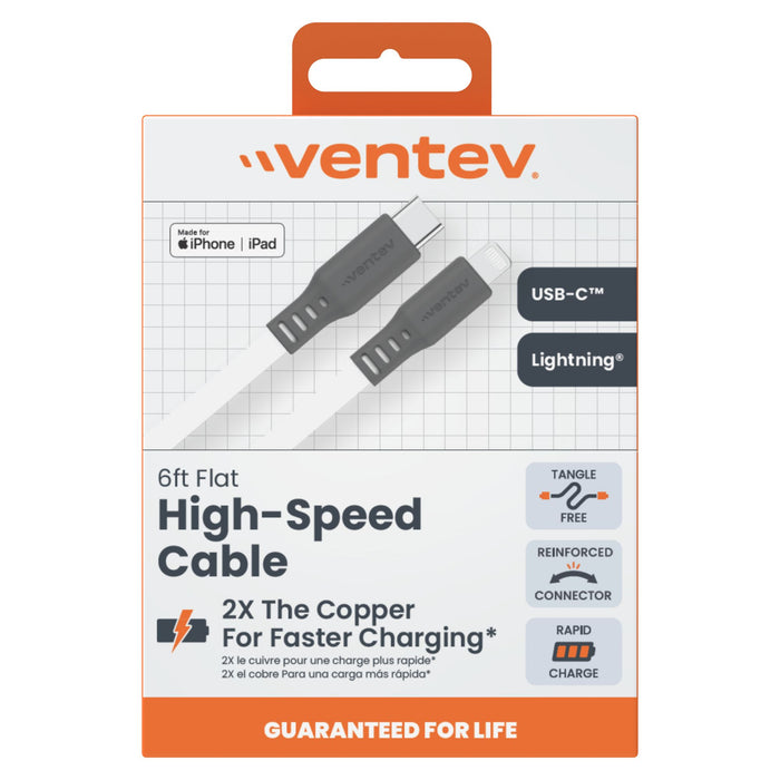 Ventev Flat USB-C to Apple Lightning High Speed Tangle-Free 6 Foot Cable