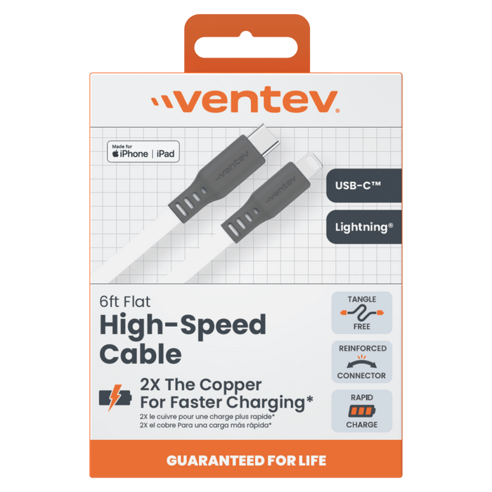 Ventev Flat USB C to Apple Lightning High Speed Tangle-Free 6 Foot Cable