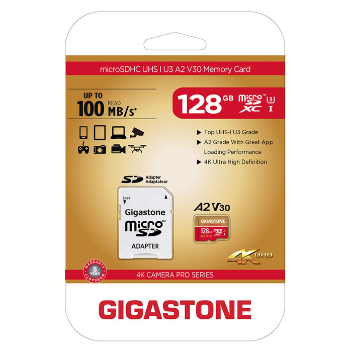 Gigastone MicroSD A2 V30 Memory Card 128GB Gold