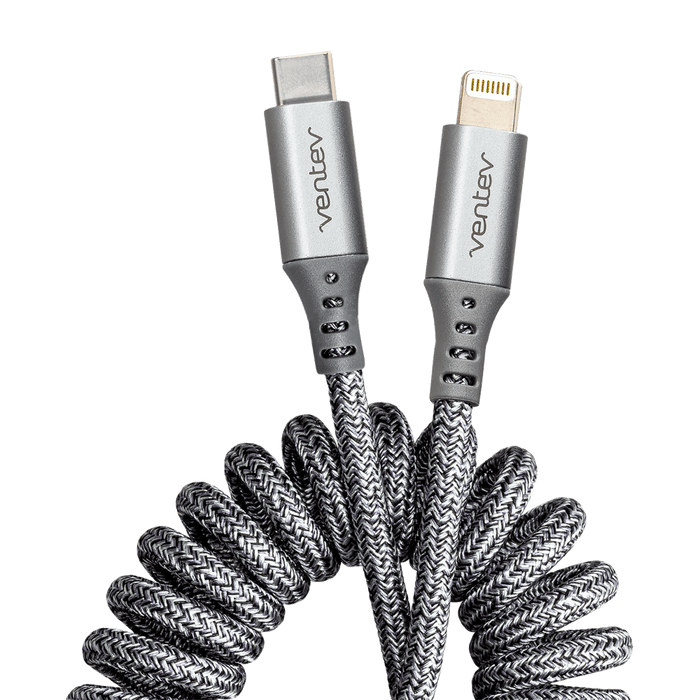 Ventev chargesync helix coiled USB C to Apple Lightning Cable 3ft Gray