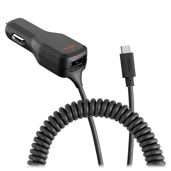 Ventev 17W dashport r2340c Dual Car Charger with USB A and Connected Micro USB Cable Gray