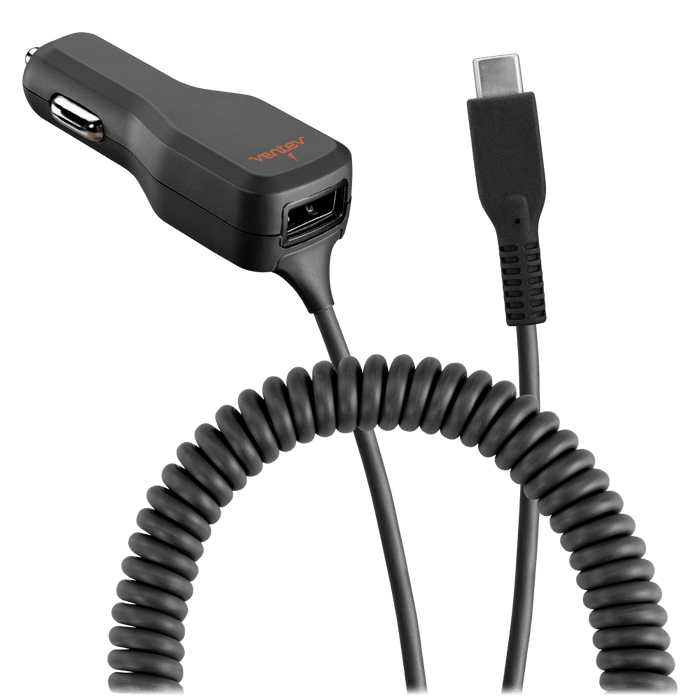 Ventev 20W dashport r2400c Dual Car Charger with USB A and Connected USB C Cable Gray