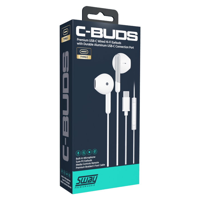 Sway C-Buds Premium USB C Connection Braided Earbuds with Mic and Volume Control White