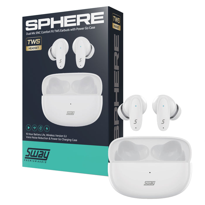 Sway Dual Microphone ENC Comfort Fit True Wireless Headphones with Power Go Charging Case White