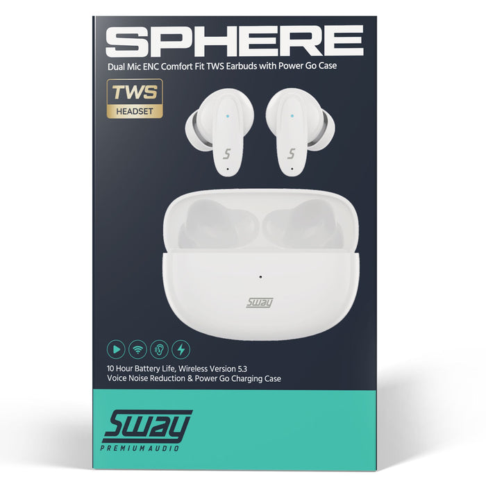 Sway Dual Microphone ENC Comfort Fit True Wireless Headphones with Power Go Charging Case White