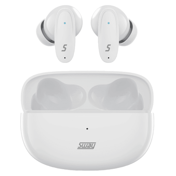 Sway Dual Microphone ENC Comfort Fit True Wireless Headphones with Power Go Charging Case White