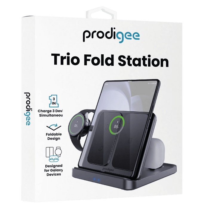 prodigee Trio Fold Station 3 in 1 Charger for Samsung Devices Grey