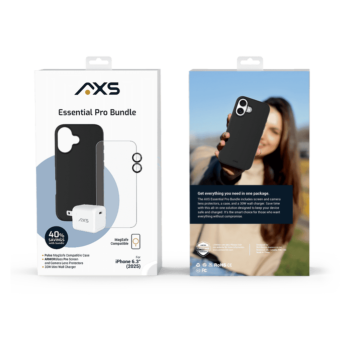 AXS Pulse Starter Kit 4-in-1 Bundle (Case / Screen Protector / Wall Charger / Lens Protectors) for Apple iPhone 17 Black